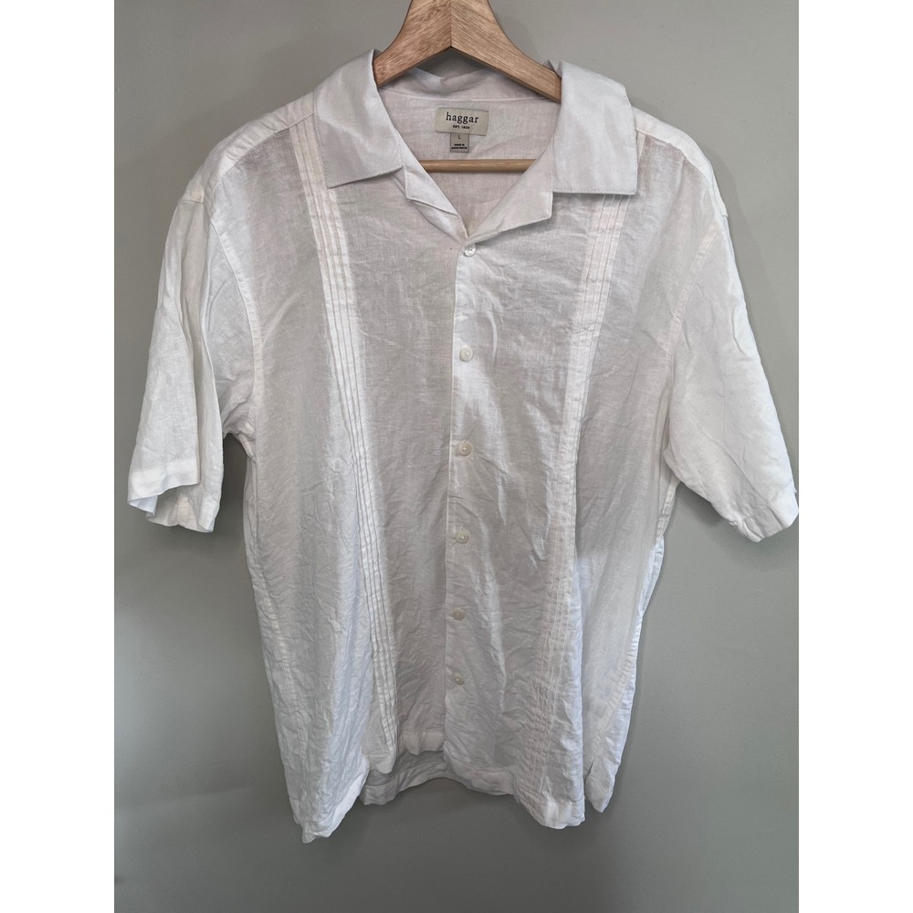 Haggar Mens White Linen Blend Guayabera Short Sleeve Pintuck Button Down Shirt L